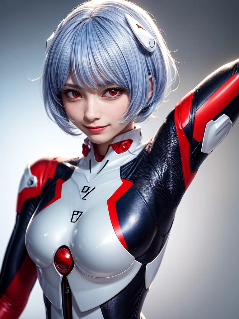 Masterpiece, highest quality, 8K, detailed skin texture, fine cloth texture, beautiful detailed face, intricate details, super detailed, portrait of Rei Ayanami, blue hair, red eyes, looking far away, no background, Evangelion Wearing a plug suit when riding, plug suit, whole body visible, standing, arms crossed, 15 years old, beautiful, cute, great style, smiling