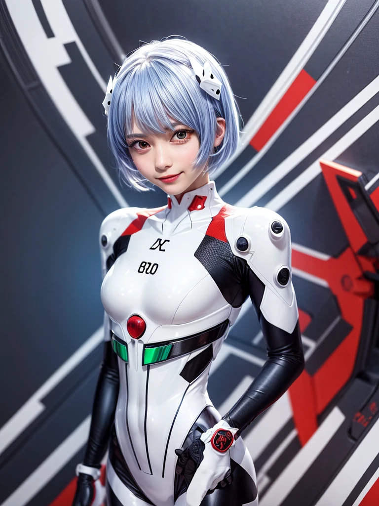 Masterpiece, highest quality, 8K, detailed skin texture, fine cloth texture, beautiful detailed face, intricate details, super detailed, portrait of Rei Ayanami, blue hair, red eyes, looking far away, no background, Evangelion Wearing a plug suit when riding, plug suit, whole body visible, standing, arms crossed, 15 years old, beautiful, cute, great style, smiling