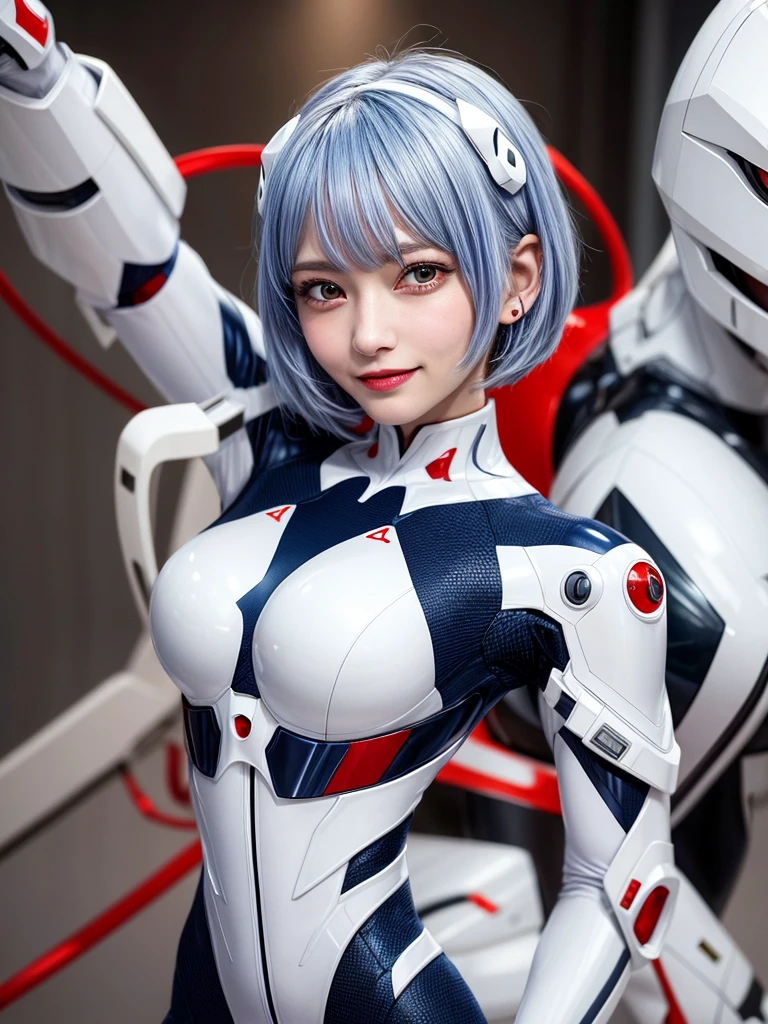 Masterpiece, highest quality, 8K, detailed skin texture, fine cloth texture, beautiful detailed face, intricate details, super detailed, portrait of Rei Ayanami, blue hair, red eyes, looking far away, no background, Evangelion Wearing a plug suit when riding, plug suit, whole body visible, standing, arms crossed, 15 years old, beautiful, cute, great style, smiling