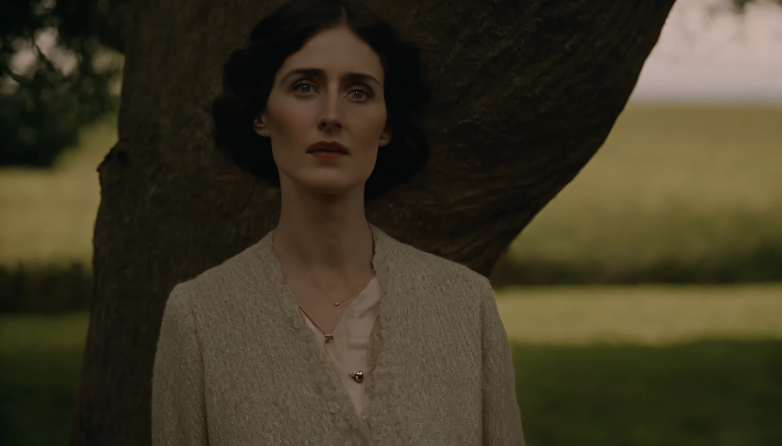 Virginia Woolf, at the age 25, black hair, prairie, tree