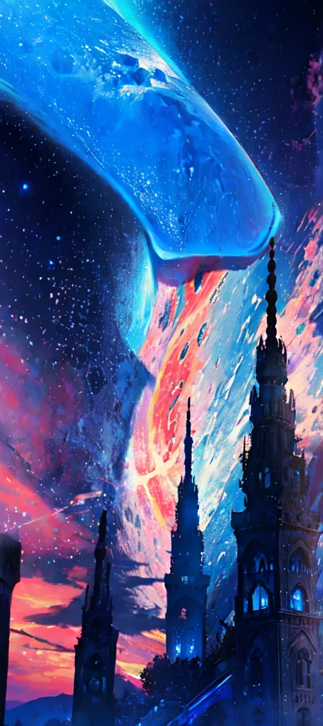 towers of god, blue towers, violet, blue, red, god, red sky, violet sky, starry sky, stars, starry towers, starry god, light blue, civilization, order