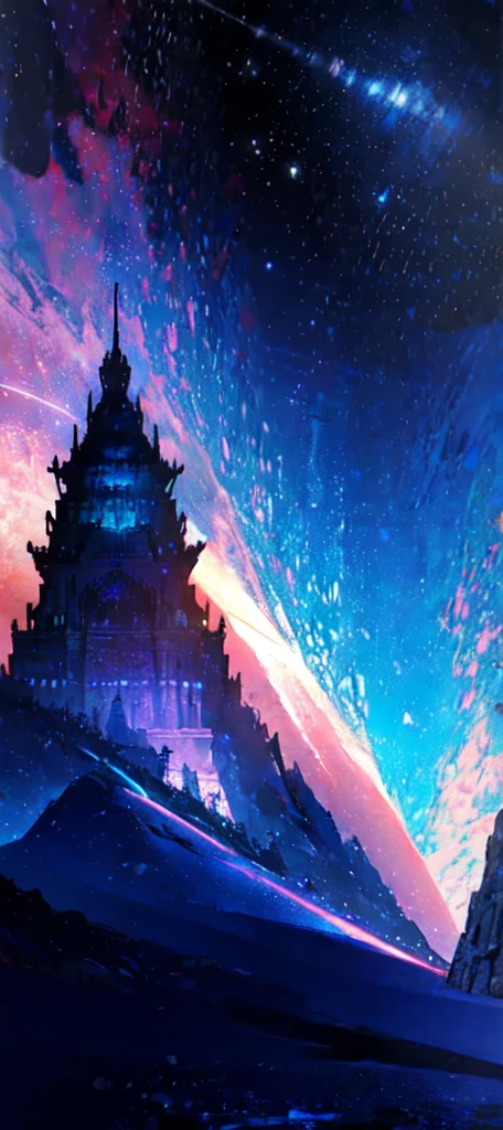 towers of god, blue towers, violet, blue, red, god, red sky, violet sky, starry sky, stars, starry towers, starry god, light blue, civilization, order