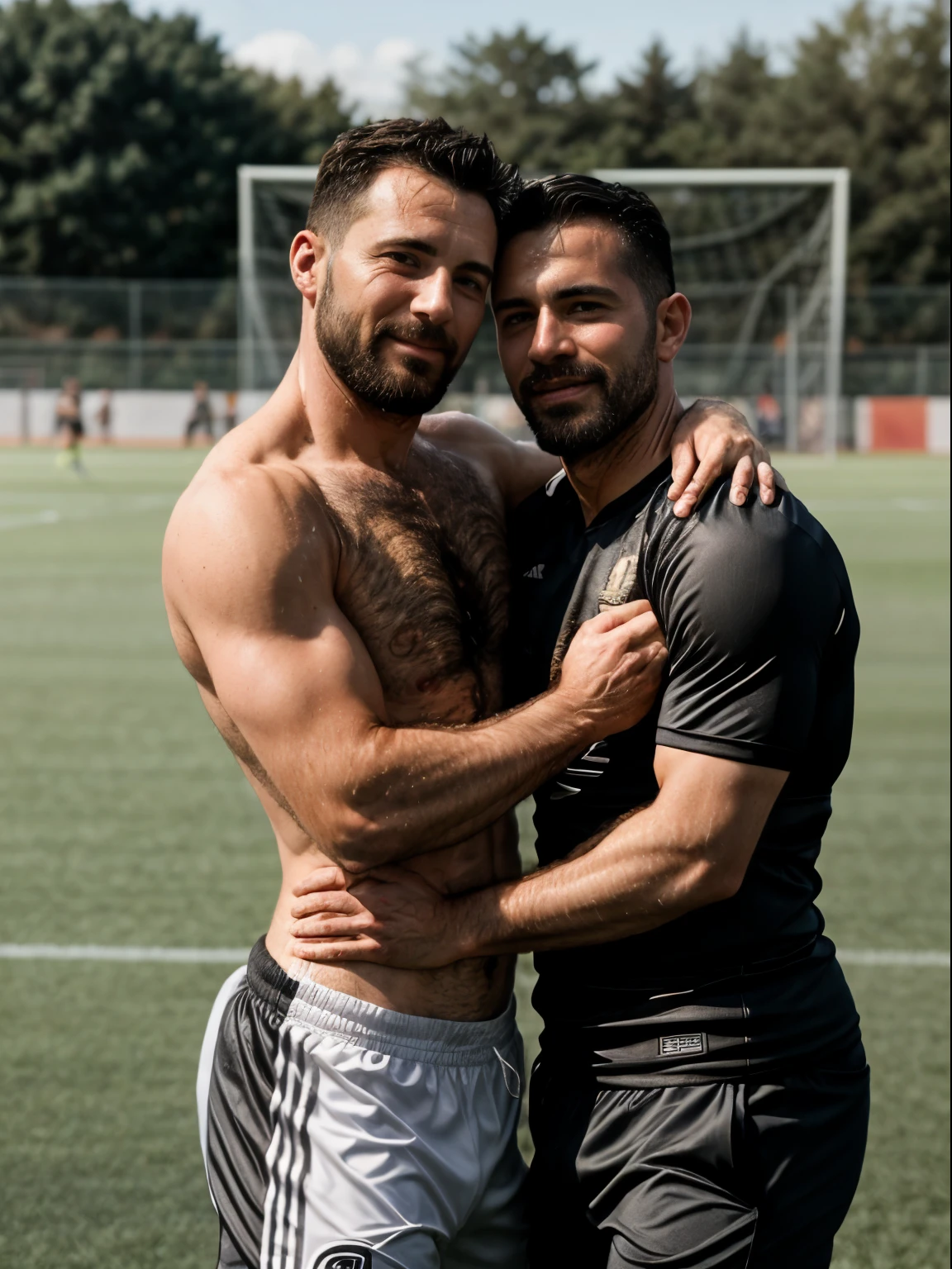 masterpiece, best quality, high resolution, closeup portrait, male focus, solo focus, A man, 45 years old, grey hair, soccer player, football player, grey silver hair, messy hairstyle, cute and seductive face, bare chest, body hair, facial hair, roman nose, very skinny body, hairy legs, cute, dimples, scruffy beard, goatee, bold jawline , full body, sweaty, in the background an outdoor soccer football field,  view from below, amazing composition, front view, HDR, ultra quality, elegant, highly detailed, fully naked, two men, two men hugging, two soccer players in love, two gay men passionate hug, affectionate two men