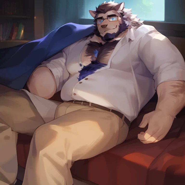 male, werewolf, wolf, canine, big, mature, muscular, facial hair, beard, nervous, chest hair, stomach hair, happy trial, grey fur, blue eyes, body hair, hiding under blankets, human girlfriend, smaller human, being comforted, fluffy body, bedroom, by mystikfox61, by darkgem, by glitter trap boy, by bebebebebe, by doooo2424, by null-ghost