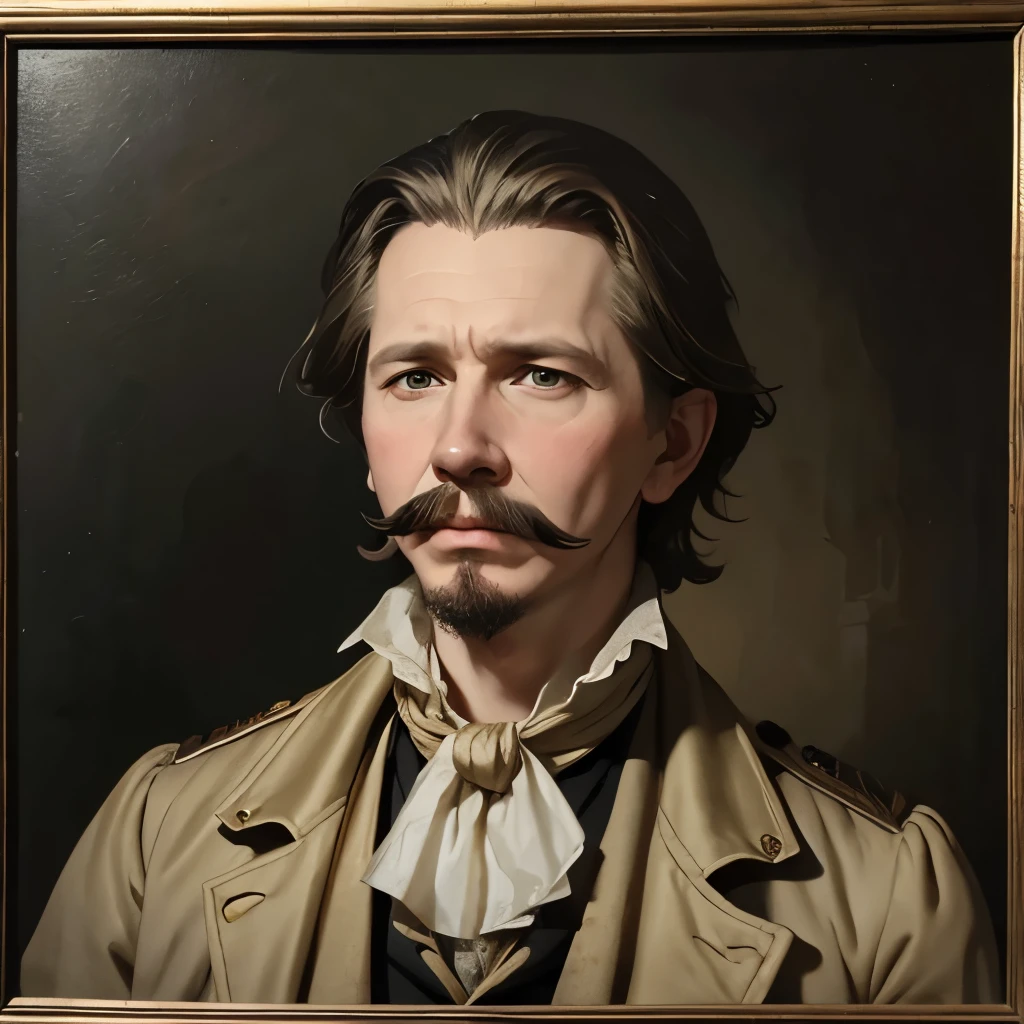 18th century american man, 18th century oil painting portrait, Young gary oldman, colonial american Young man, Moustache, oil painting filter, beige coat, cravat