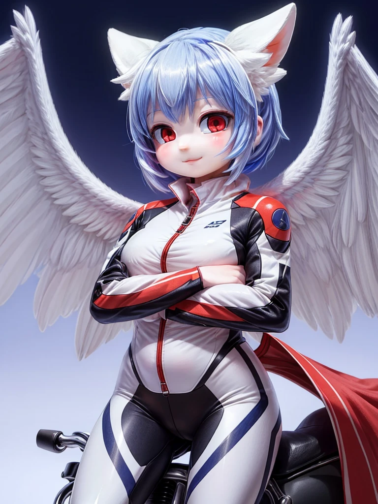 Masterpiece, highest quality, 8K, detailed skin texture, fine cloth texture, beautiful detailed face, intricate details, super detailed, portrait of Rei Ayanami, blue hair, red eyes, looking far away, no background, Evangelion Wearing a plug suit when riding, plug suit, whole body visible, standing, arms crossed, 15 years old, beautiful, cute, great style, smiling