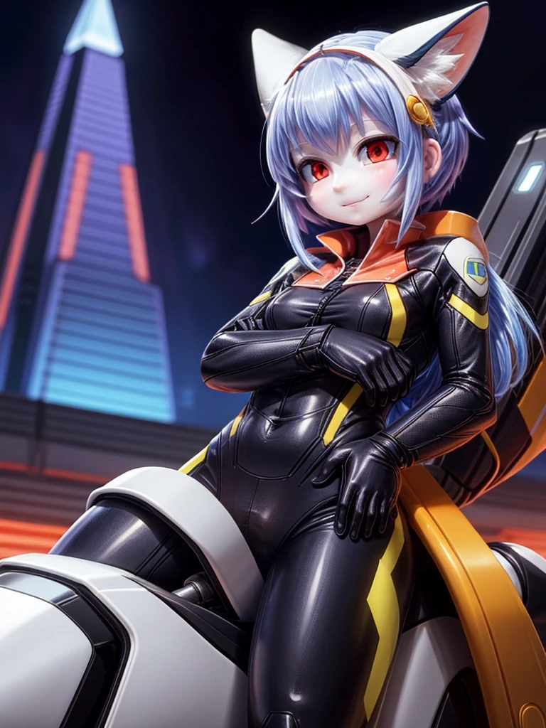 Masterpiece, highest quality, 8K, detailed skin texture, fine cloth texture, beautiful detailed face, intricate details, super detailed, portrait of Rei Ayanami, blue hair, red eyes, looking far away, no background, Evangelion Wearing a plug suit when riding, plug suit, whole body visible, standing, arms crossed, , beautiful, cute, great style, smiling