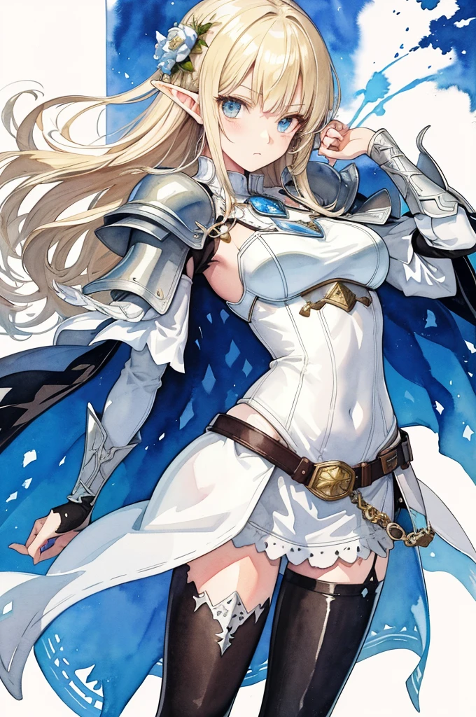 (Super detailed),fat,Watercolor pattern),(watercolor texture), (charming),stand up,One piece black stockings,,(watercolor texture) ,(watercolor texture),Altria,saber,armor,Elf,Royal sister,noble,armor,blond,killer,cold expression,leather pants