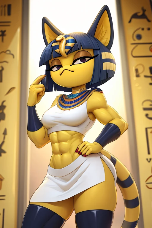 ((best quality)), ((masterpiece)), (detailed), perfect face, a digital artwork of Ankha with abs wearing a crop top of her white  sleeveless  dress outfit with a bare midriff and a bare navel, Egyptian setting, smug face, 