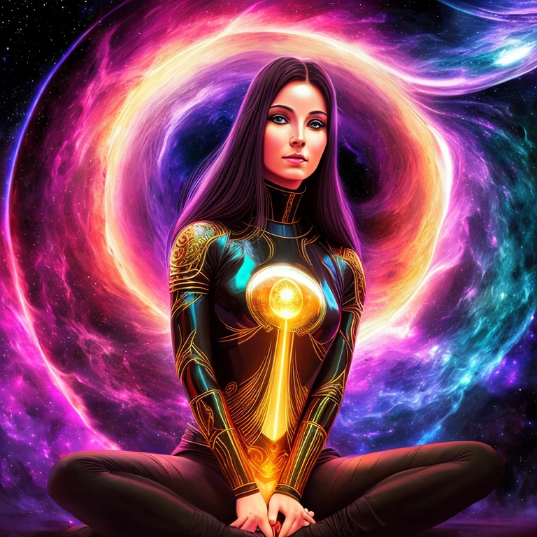  Black Hole goddess sitting in the lotus asana,  Space goddess,  mystical energy aura,portrait, masterpiece, 8k resolution, warp space background, Caza art, digital art