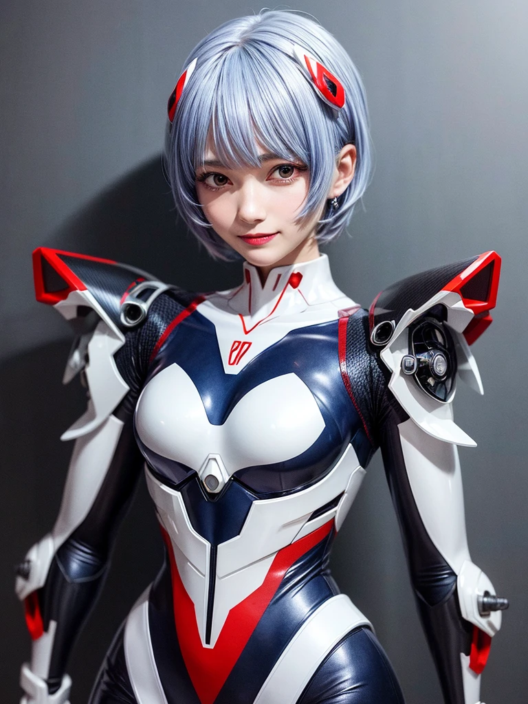 Masterpiece, highest quality, 8K, detailed skin texture, fine cloth texture, beautiful detailed face, intricate details, super detailed, portrait of Rei Ayanami, blue hair, red eyes, looking far away, no background, Evangelion Wearing a plug suit when riding, plug suit, whole body visible, standing, arms crossed, , beautiful, cute, great style, smiling