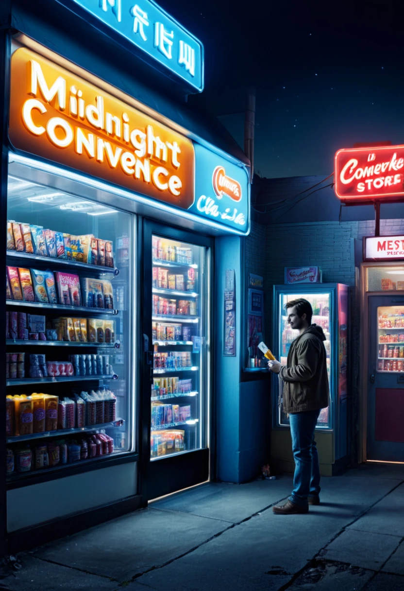 midnight convenience store, Movie Still, action shot, by dan mumford, (masterpiece, best quality, Professional, perfect composition, very aesthetic, absurdres, ultra-detailed, intricate details:1.3)