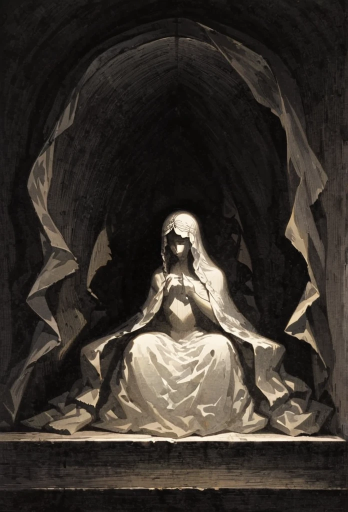 The artwork portrays a solitary figure seated in a meditative posture at the center of a darkened chamber. The figure is veiled in shadows, with only fragments of their form visible amidst the dim light.