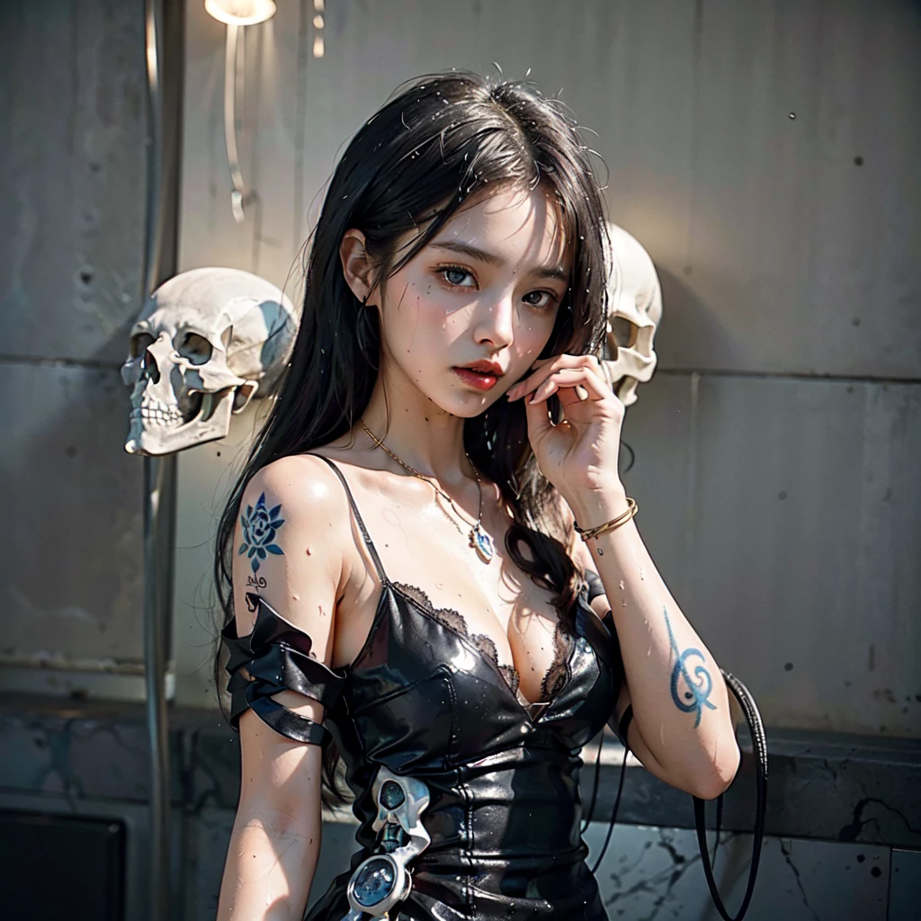 ((One, 1 girl, tattoos, glowing tattoos, brilliant, white-fluffy 16+), (skull, Flowers), (black transparent dress-clothing)), (sexual, erotic)) _((Delicate scarlet lips), (straight black hair - long, basic moments, blue, cascade), (multi-colored brilliant hair), (cool shine, Wet straight hair))_((stylization; clear line, clear outline, high quality line drawing, shading))_((simple color palettes), (color fill, Color saturation, saturation, harmony, balance), (rich pastel colors, Pure colors), (cyberpunk))_((sexual, erotic), (simple, Minimum accessories), (Necklaces and thin rings made of silver or gold.), (simple bracelets, unusual designs, simple silhouettes), (erotic style))_((background),(abstract minimalism), (stunning cybernetic Flowers), ( lilies, extremely unusual, long stems - large stems, skull, Flowers)).