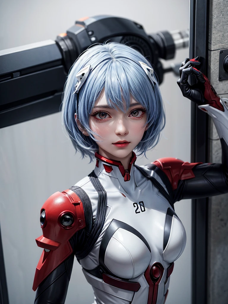 Masterpiece, Top quality, 8K, Detailed skin texture, Fine cloth texture, Beautifully detailed face, Intricate details, Super detailed, Portrait of Rei Ayanami, Blue hair, Red eyes, Looking into the distance, No background, Wearing a plug suit when boarding Evangelion, plug suit, whole body visible, standing, arms crossed, 15 years old, beautiful, cute, excellent style,
