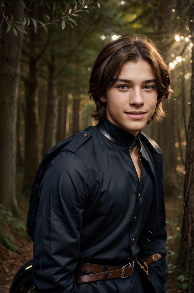 Create an image of a 17 year old boy who is a prince named Declan Gray. He has light brown hair, dark blue eyes, and an olive complexion. He is very attractive so place him onto a black steed in the midst of the forest at night. He is very cute. Make him smile. He is kind.
