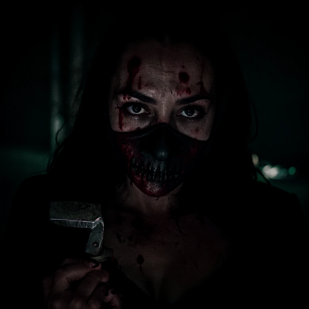 (best quality:1.2),artwork,scary woman with a mask,dark clothing,holding a bloodied knife,piercing gaze,horror theme,creepy atmosphere,ominous lighting,nighttime scene,macabre details,color palette:dark and gloomy