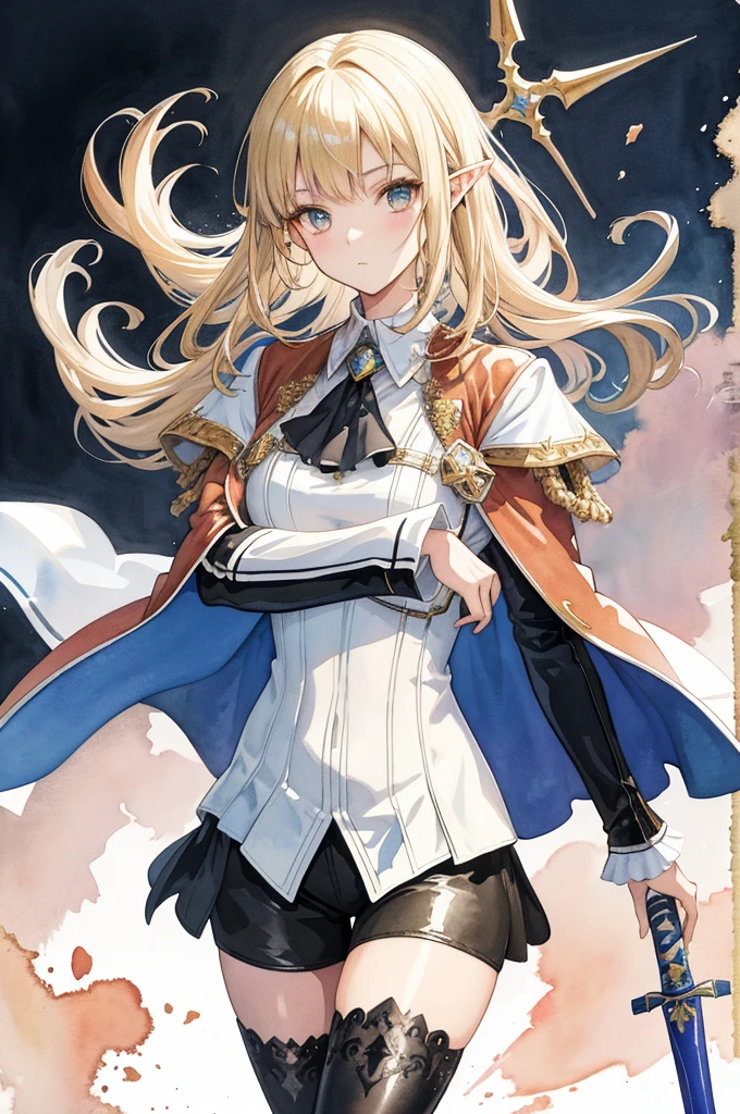 (Super detailed),fat,Watercolor pattern),(watercolor texture), (charming),stand up,One piece black stockings,,(watercolor texture) ,(watercolor texture),Altria,saber,Elf,Royal sister,noble,armor,blond,teacher,Gentle expression,leather pants,Leather jacket