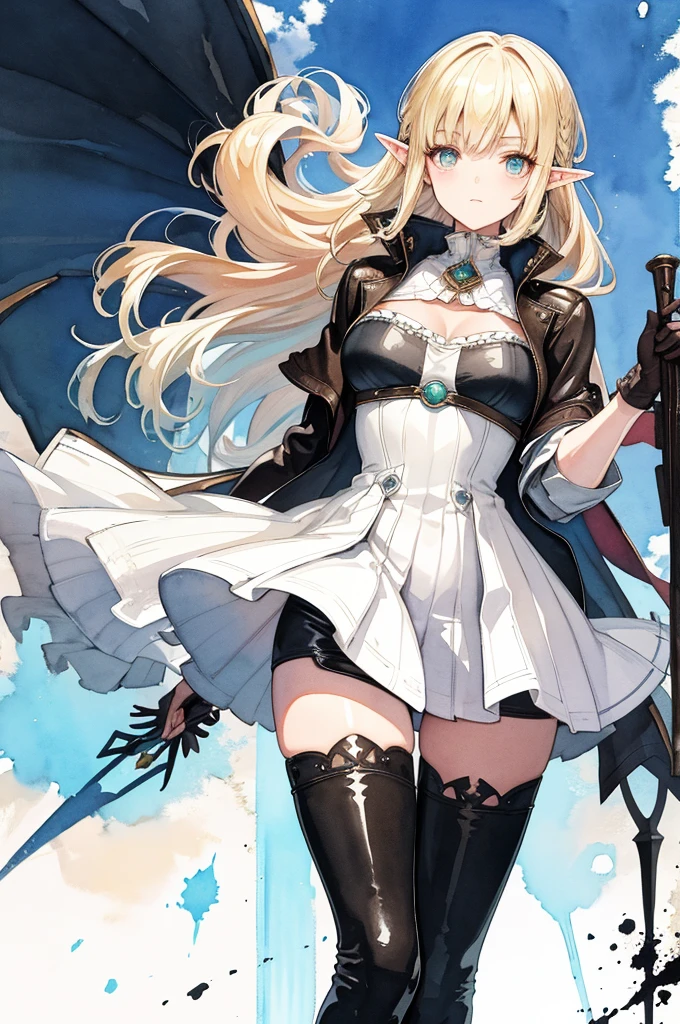 (Super detailed),fat,Watercolor pattern),(watercolor texture), (charming),stand up,One piece black stockings,,(watercolor texture) ,(watercolor texture),Altria,saber,Elf,Royal sister,noble,armor,blond,teacher,Gentle expression,leather pants,Leather jacket