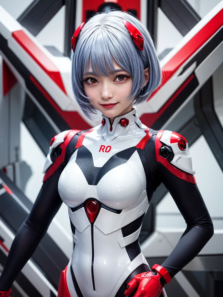 Masterpiece, highest quality, 8K, detailed skin texture, fine cloth texture, beautiful detailed face, intricate details, super detailed, portrait of Rei Ayanami, blue hair, red eyes, looking far away, no background, Evangelion Wearing a plug suit when riding, plug suit, whole body visible, standing, arms crossed, 15 years old, beautiful, cute, great style, smiling