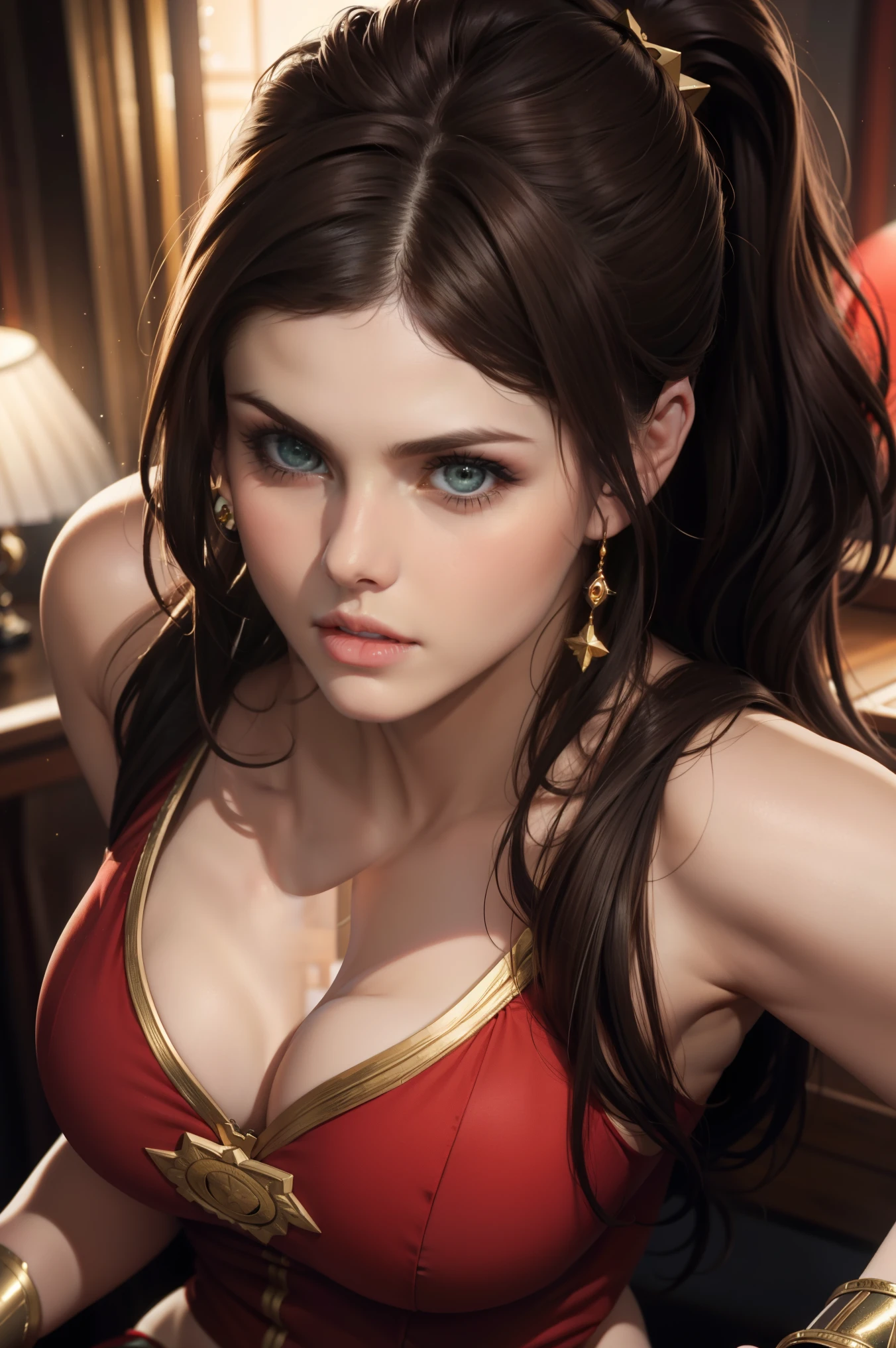 alexandra daddario as a beautiful female superheroine , green eyes brown hair, ponytail, red crop shirt, with a golden Star, wears a golden tiara on forehead with a red gem in her head , golden bracelets, long red boots, and small red shorts portrait photography by artgerm, in the style of realism, glistening skin, cartooncore, mangacore, natural lighting, Defined full lips. Muscular fitness feminine body