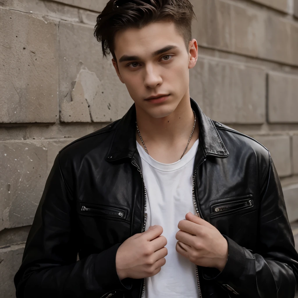 90's young vampire man, Highschool student, 18 years old, British affered young vampire man, at School, 1 man, Black leather jacket