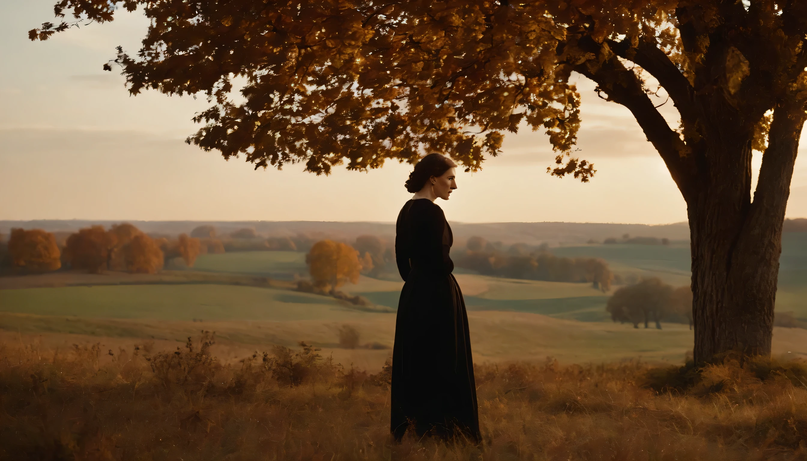 Virginia Woolf, at the age 25, black hair, prairie, a big tree, autumn