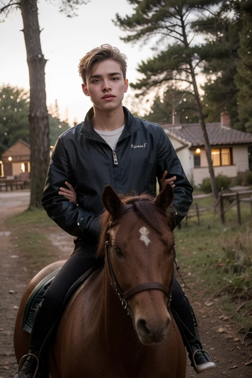 Create an image of a 17 year old boy who is a prince named Declan Gray. He has light brown hair, dark blue eyes, and an olive complexion. He is very attractive so place him onto a black steed in the midst of the forest at night. He is very sexy. He is rude.