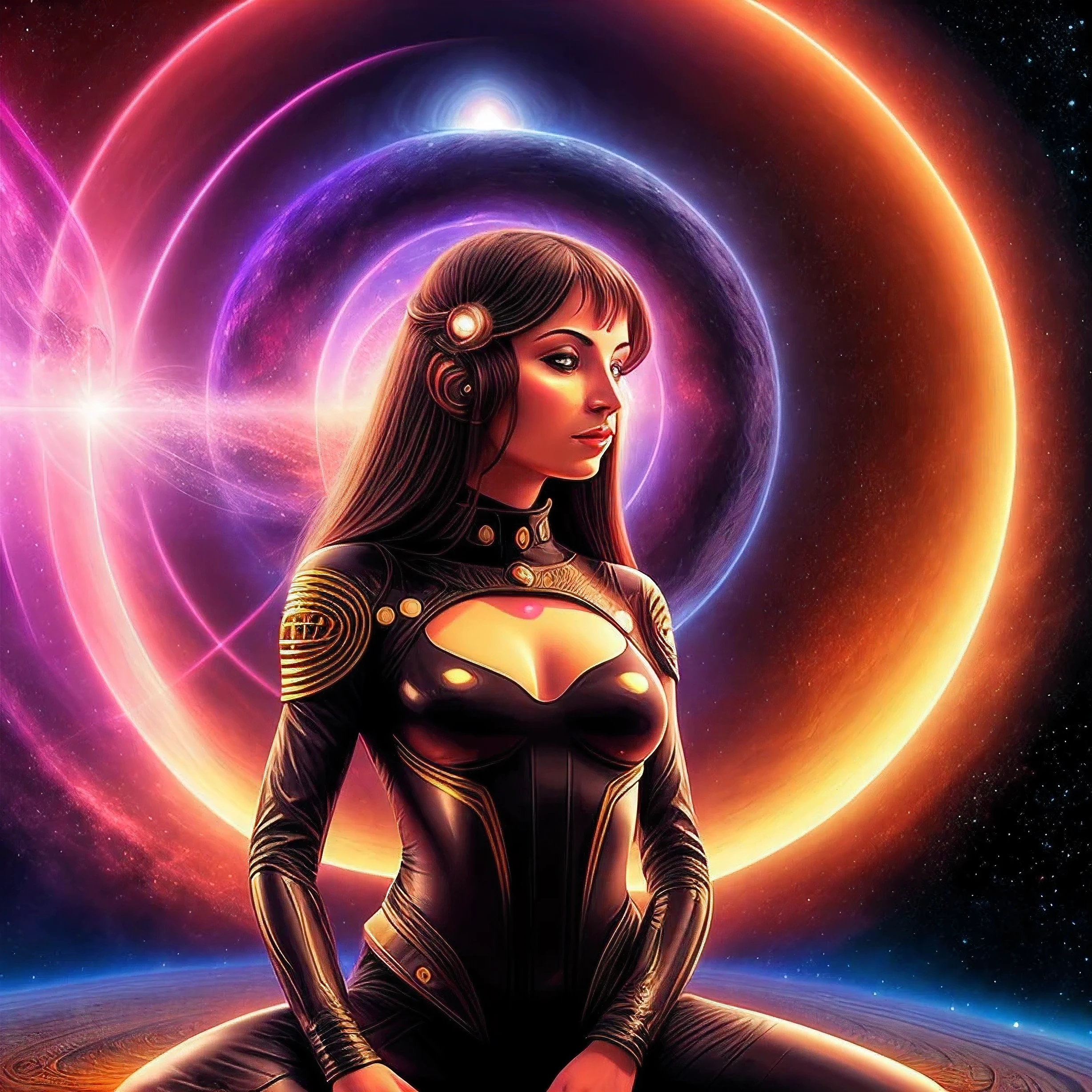 Black Hole goddess sitting in the lotus asana, Space goddess, mystical energy aura,portrait, masterpiece, 8k resolution, warp space background, Caza art, digital art