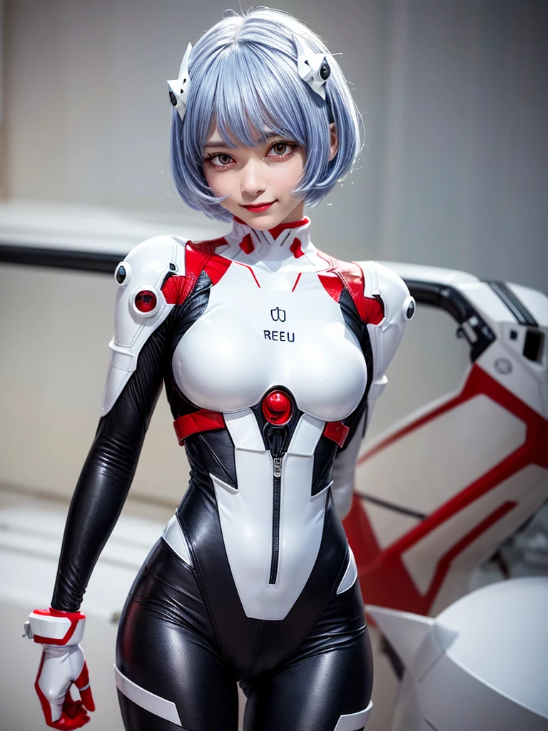 Masterpiece, highest quality, 8K, detailed skin texture, fine cloth texture, beautiful detailed face, intricate details, super detailed, portrait of Rei Ayanami, blue hair, red eyes, looking far away, no background, Evangelion Wearing a plug suit when riding, plug suit, whole body visible, standing, arms crossed, 15 years old, beautiful, cute, great style, smiling