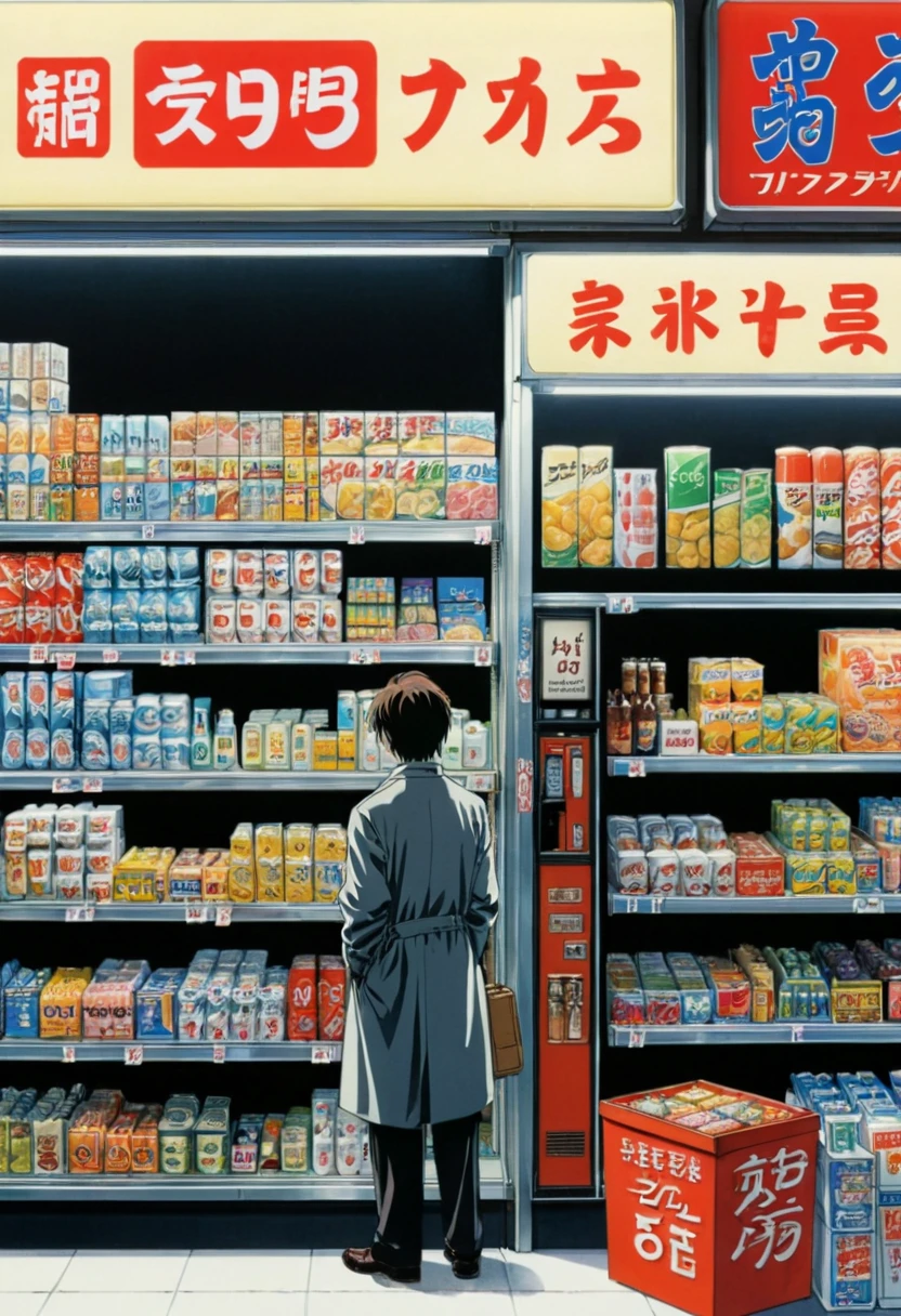 midnight convenience store, Movie Still, by Naoki Urasawa, (masterpiece, best quality, Professional, perfect composition, very aesthetic, absurdres, ultra-detailed, intricate details:1.3)