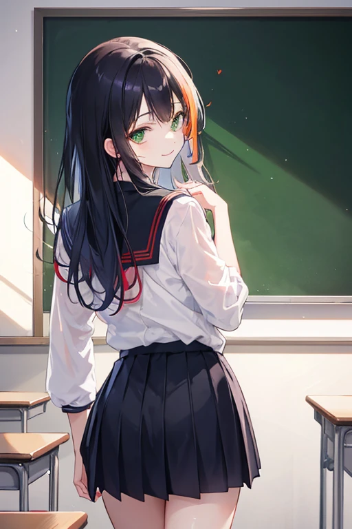 ((best quality)), ((masterpiece)), (detailed), perfect face Ayame stands shoulder-to-shoulder with you, her slender frame causing her body to tremble slightly from fear or excitement. Her long black hair cascades down her back like a waterfall, ending at the small of her back. The ends are tipped orange giving it a fiery look. Bright green eyes peer out from behind delicate eyelashes, reflecting the mix of emotions she feels right now - uncertainty coupled with curiosity about what lies ahead for both of you. There's no doubt that she possesses an alluring charm that draws attention; however, it's mixed with vulnerability making her appear more approachable than intimidating, ((modern japanese school uniform)), ((smilling sweetly)), ((classroom)), ((school))