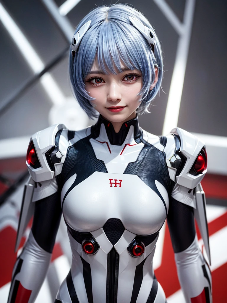Masterpiece, highest quality, 8K, detailed skin texture, fine cloth texture, beautiful detailed face, intricate details, super detailed, portrait of Rei Ayanami, blue hair, red eyes, looking far away, no background, Evangelion Wearing a plug suit when riding, plug suit, whole body visible, standing, arms crossed, , beautiful, cute, great style, smiling