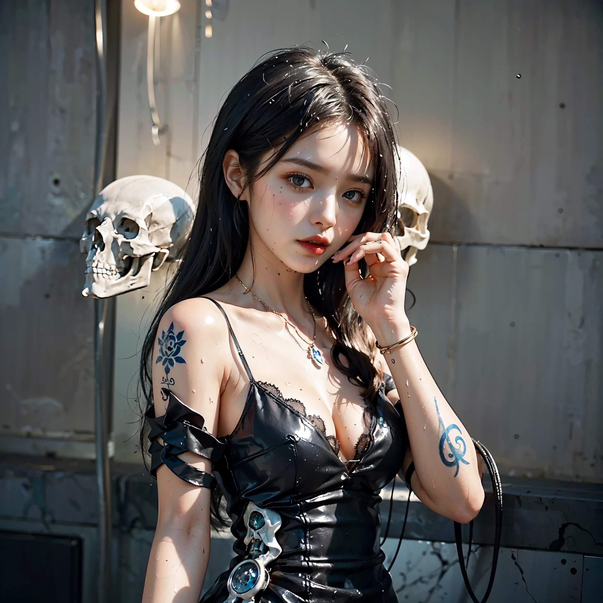 ((One, 1 girl, tattoos, glowing tattoos, brilliant, white-fluffy 16+), (skull, Flowers), (black transparent dress-clothing)), (sexual, erotic)) _((Delicate scarlet lips), (straight black hair - long, basic moments, blue, cascade), (multi-colored brilliant hair), (cool shine, Wet straight hair))_((stylization; clear line, clear outline, high quality line drawing, shading))_((simple color palettes), (color fill, Color saturation, saturation, harmony, balance), (rich pastel colors, Pure colors), (cyberpunk))_((sexual, erotic), (simple, Minimum accessories), (Necklaces and thin rings made of silver or gold.), (simple bracelets, unusual designs, simple silhouettes), (erotic style))_((background),(abstract minimalism), (stunning cybernetic Flowers), ( lilies, extremely unusual, long stems - large stems, skull, Flowers)).