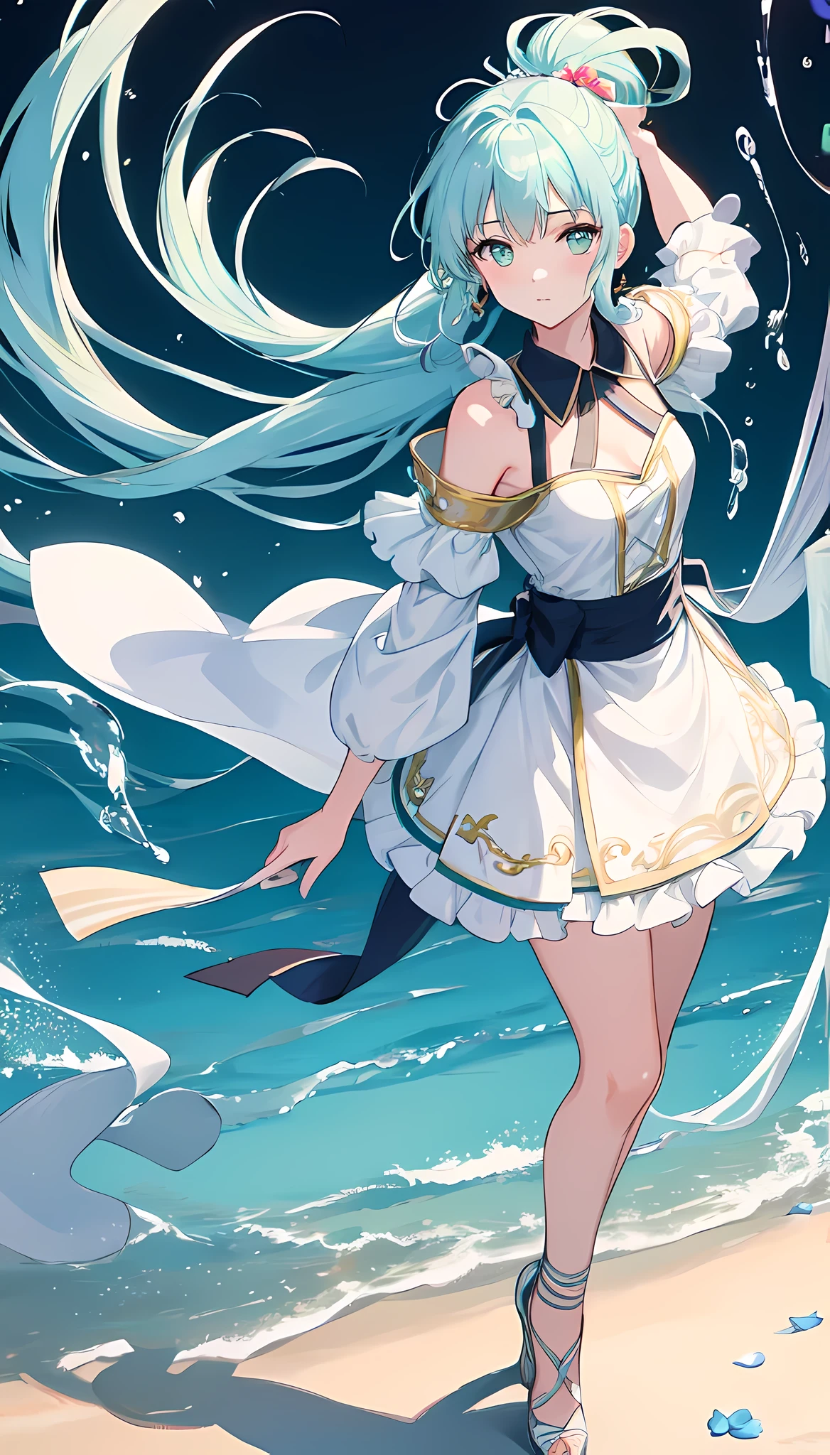 (masterpiece), (best quality), (ultra detailed),(disheveled hair),(illustration), (1girl), (Fashionable clothing), standing, Fashion model, ballerina, looking at viewer, (interview), (simple background),beautiful detailed green eyes, delicate beautiful face, Floating,(high saturation),(colorful splashes),colorful bubble,(shining), focus on full body , ponytail, kamisato ayaka, light blue hair, bangs, hair ring, floating flowers, floating hairs, (shining), best lighting, best shadow,