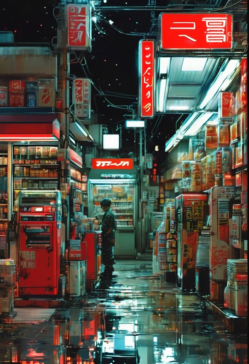 midnight convenience store, best quality, masterpiece, very aesthetic, perfect composition, intricate details, ultra-detailed, by Yoji Shinkawa and Katsuhiro Otomo