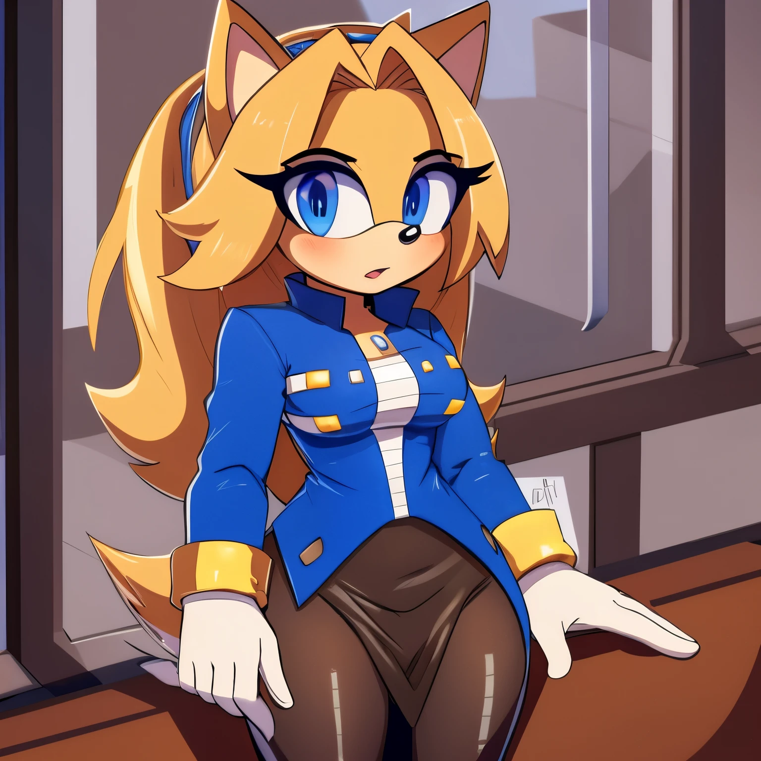 score_9, score_8_up, score_7_up, ((Masterpiece)), high quality, studio quality, 1girl, (((Maria the Hedgehog))), Female, Mobian, Hedgehog, (((light yellow fur))), (((long light yellow hair/quills))), light blue eyes, Eggman cosplay, Eggma'am cosplay, Eggma'am outfit, (((blue jacket))), black or grey skirt, looking at viewer, blush, laboratory, lower back length hair, long hair, hair bangs, mouth slightly open, curious expression
