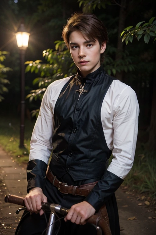 Create an image of a  boy who is a prince named Declan Gray. He has light brown hair, dark blue eyes, and an olive complexion. He is very attractive so place him onto a black steed in the midst of the forest at night. He is very sexy. He is rude. Make him very royal and prince like. He should be in a forest at night.