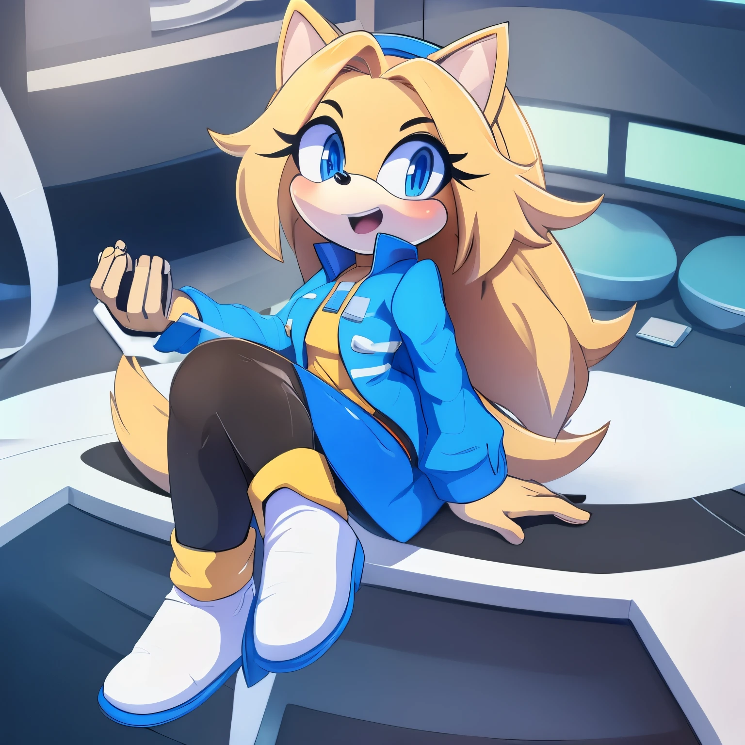 score_9, score_8_up, score_7_up, ((Masterpiece)), high quality, studio quality, 1girl, (((Maria the Hedgehog))), Female, Mobian, Hedgehog, (((light yellow fur))), (((long light yellow hair/quills))), light blue eyes, Eggman cosplay, Eggma'am cosplay, Eggma'am outfit, (((blue jacket))), black or grey skirt, looking at viewer, blush, laboratory, lower back length hair, long hair, hair bangs, mouth slightly open, curious expression
