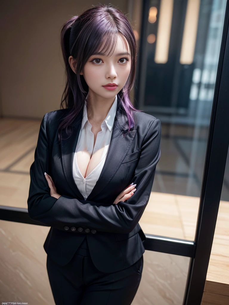 Beautiful woman, 25 years old, high ponytail, bright purple hair, perfect purple hair, Beautiful breasts, (Realistic skin),elegant upper class wearing a black pantsuit, black jacket, white shirt, cleavage visible, black pumps, and a business shirt. Elite secretary, working in the office, wearing a strict business suit, pantsuit style, wearing luxury high heels, girl wearing a shirt, wearing a business suit, wearing a business suit, black nail art, business Wearing a suit, Businessman, Business clothes, Wearing a black business suit, Wearing a white shirt and black jacket, Woman in a business suit, Business suit, Business attire, Raw photo, (8K, highest quality, Masterpiece: 1.2), (Complex Detail: 1.4), (Photoreal: 1.4), Octane Rendering, Complex 3D Rendering Super Detail, Studio Soft Light, Rim Light, Vibrant Detail, Super Detail, Realistic Skin texture, surface details, beautifully detailed eyes, highly detailed CG Unity 16k wallpaper, supplement, (detailed background:1.2),pony tail