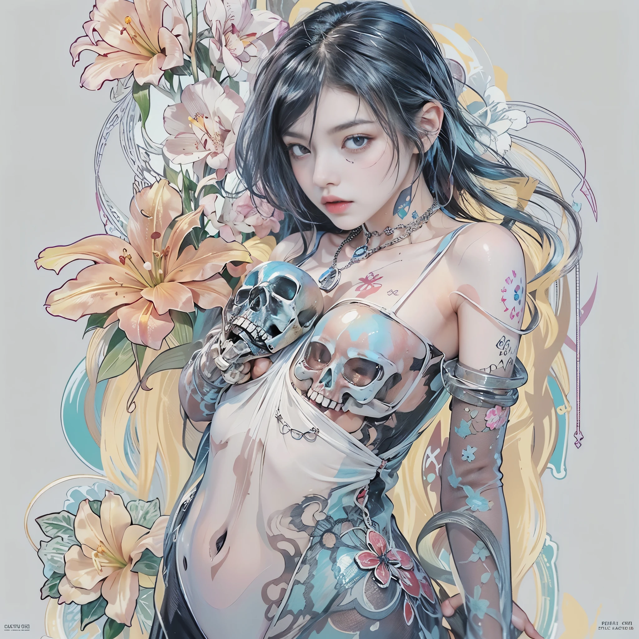 ((One, 1 girl, tattoos, glowing tattoos, brilliant, white-fluffy 16+), (skull, Flowers), (black transparent dress-clothing)), (sexual, erotic)) _((Delicate scarlet lips), (straight black hair - long, basic moments, blue, cascade), (multi-colored brilliant hair), (cool shine, Wet straight hair))_((stylization; clear line, clear outline, high quality line drawing, shading))_((simple color palettes), (color fill, Color saturation, saturation, harmony, balance), (rich pastel colors, Pure colors), (cyberpunk))_((sexual, erotic), (simple, Minimum accessories), (Necklaces and thin rings made of silver or gold.), (simple bracelets, unusual designs, simple silhouettes), (erotic style))_((background),(abstract minimalism), (stunning cybernetic Flowers), ( lilies, extremely unusual, long stems - large stems, skull, Flowers)).