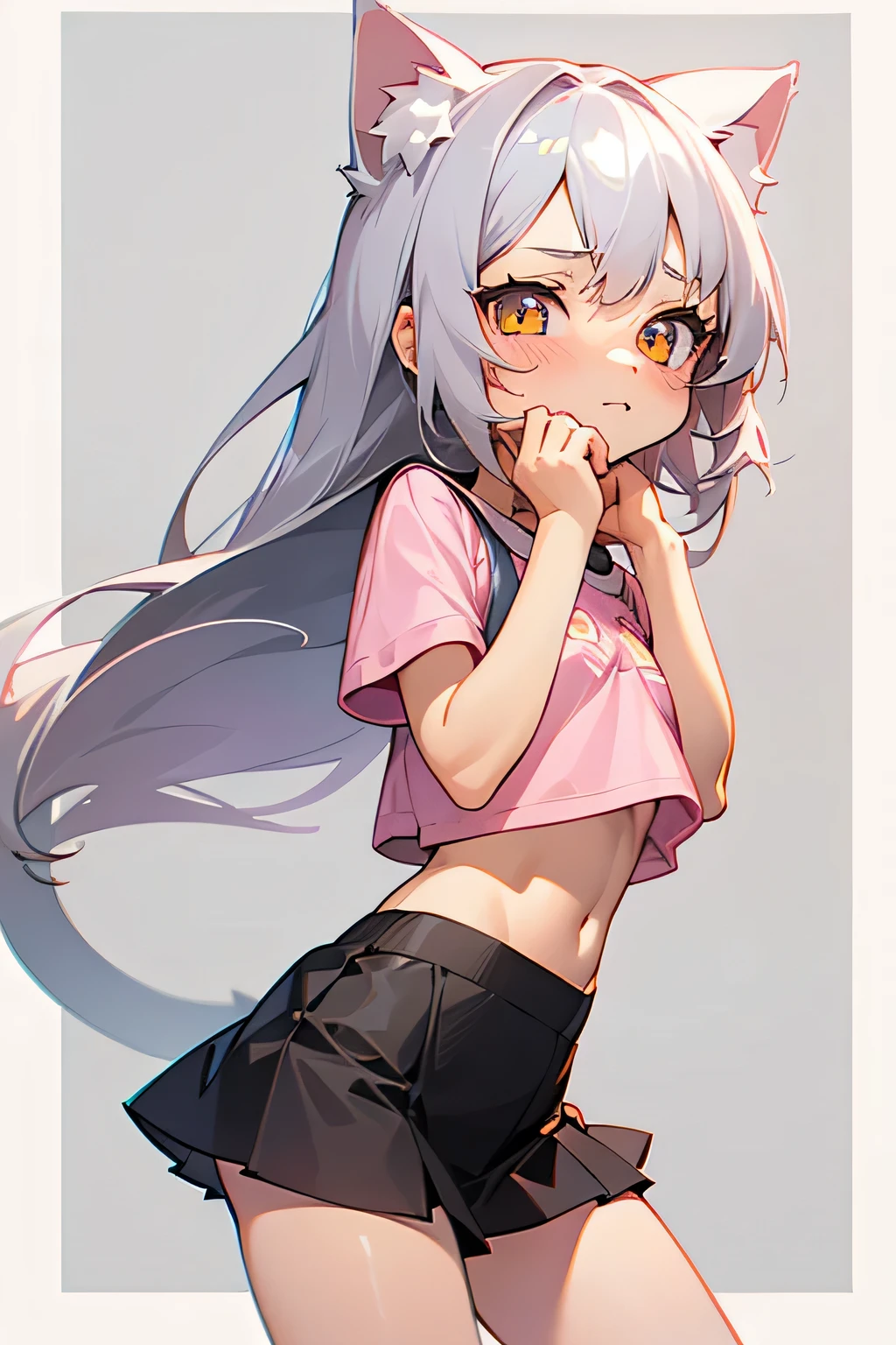 1girl, silver hair, golden eyes with pupils, ((skinny)), ((petite)), small, ((neko)), (cropped solid pastel pink tshirt), long hair, short skirt, (((???))), cat ears, happy, blush, midriff, at school