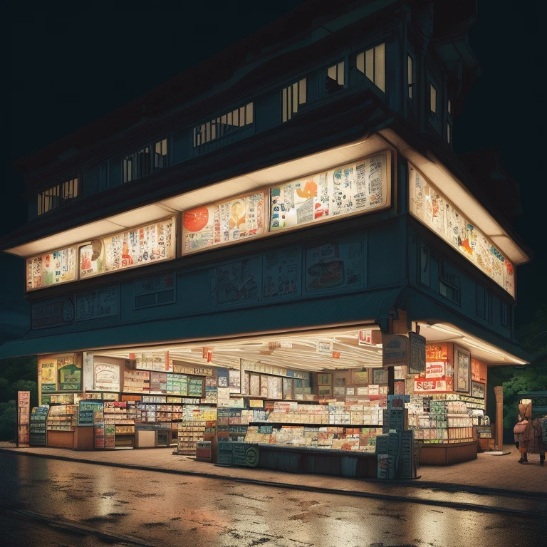 midnight convenience store, Movie Still, by Studio Ghibli Style, Ghibli color, (masterpiece, best quality, Professional, perfect composition, very aesthetic, absurdres, ultra-detailed, intricate details:1.3)