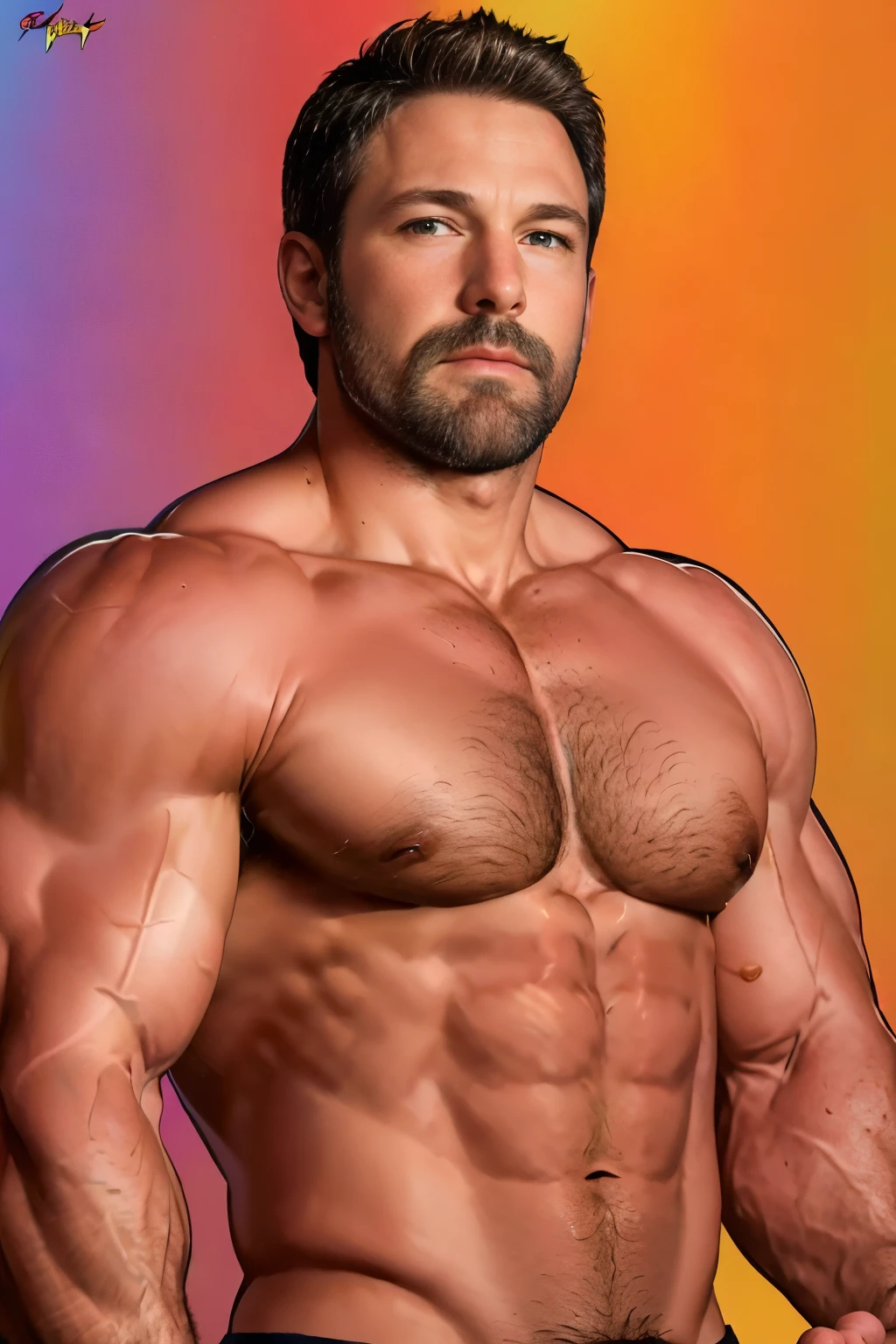 (A muscular man:vivid colors,shirtless:1.1,Kirbywood style,vintage color comics,showcasing:1.1,sharp focus,hi-res details,intricate features,creating,vivid colors,masterpiece:1.2,8k quality) cubism background, playboy poster, BEN affleck signature , bald eagle 