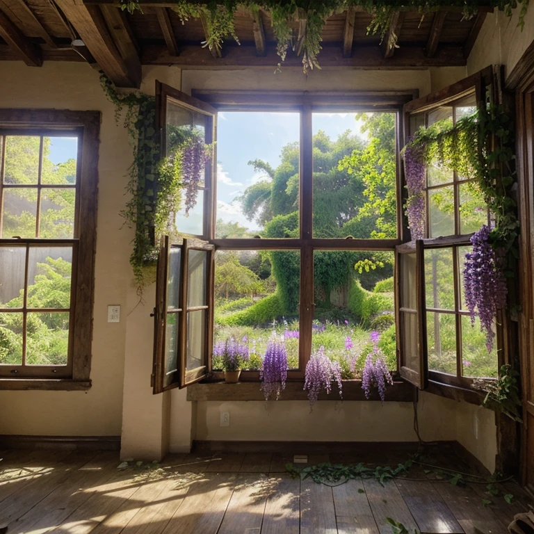 Imagine an old rustic house covered in lush purple wisteria vines, with cascades of flowers draping over the windowsills and climbing up the weathered walls. The sunlight filtering through the flowers creates a dreamy, ethereal atmosphere.