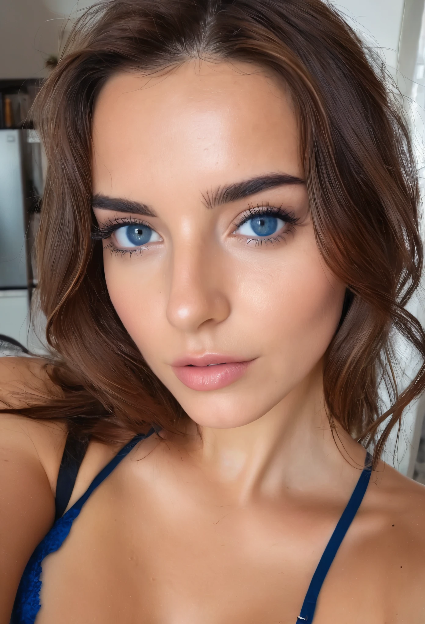 (Por favor genere una imagen de una mujer joven desnuda con los pezones rosados y los senos grandes parados y bonitos .. She has brown hair, Grande, ojos azules, y un sutil, look de maquillaje natural.looking directly at the camera, brunette en la cocina. The selfie should show you without visible makeup.., and she should be looking directly at the camera. Small Reislin style, de cerca, camera close to face and big. Sexy black bikini and panties de cerca, tope de burbuja