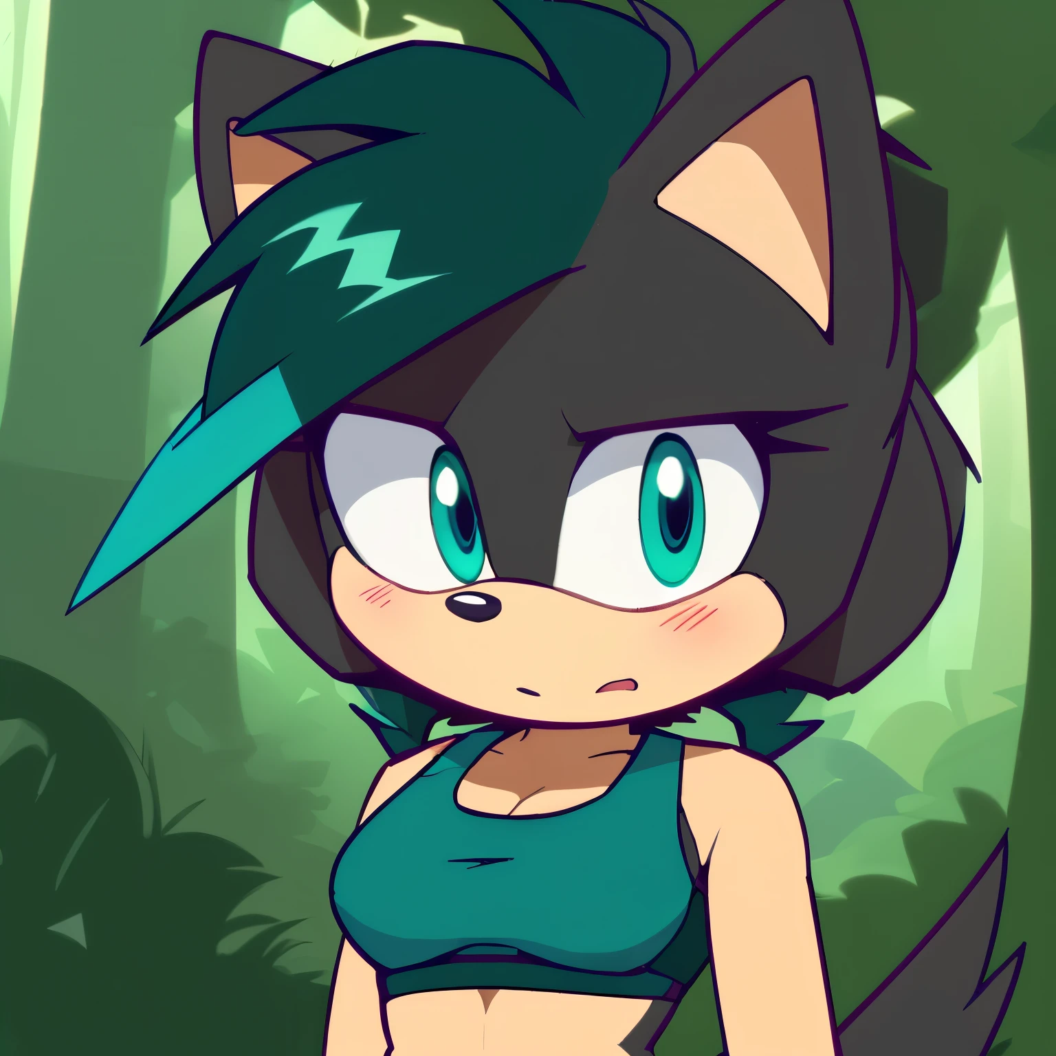 score_9, score_8_up, score_7_up, ((Masterpiece)), high quality, studio quality, 1girl, Female, Mobian, Hedgehog, (((black fur))), (((Gine Hairstyle))), black colored eyes, (((teal colored sports bra))), medium breasts, looking at viewer, blush, forest, hair bangs, mouth slightly open, curious expression
