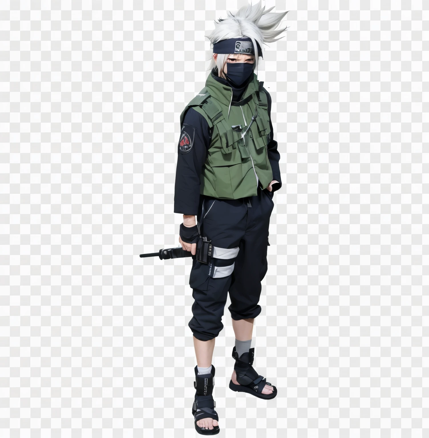 1 guy, 8K resolution with realism and cinematic quality, Ultra Realistic, embodies Kakashi Hatake. White Hair, photorealistic, Asian features, Serious expression, Ninja mask covering the mouth and a bandana tilted on the head, Set in an anime cinematic universe, a dark fantasy atmosphere, Japanese village in background. detailed, professional, extremely highly detail
