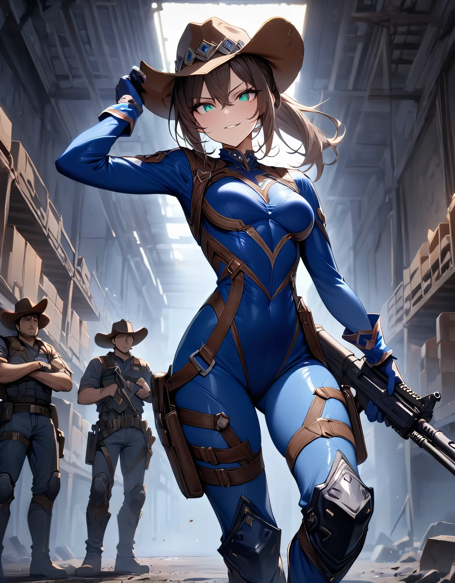 masterpiece, best quality, 1lady, solo, solo focus, (tall body), hispanic, brown hair, short hair, ponytail, blue-green eyes, medium breasts, beautiful detailed eyes, beautiful detailed face, smirk, cowboy hat, ((bodysuit, solid blue bodysuit, leotard, dark blue leotard, long sleeves, gloves, dark blue gloves, matching gloves, boots, combat boots, dark blue boots, matching boots)), drop-down pistol holster, knee pads, (holding weapon, assault rifle), full body with costume, full body, cowboy shot, empty warehouse, danger atmosphere,