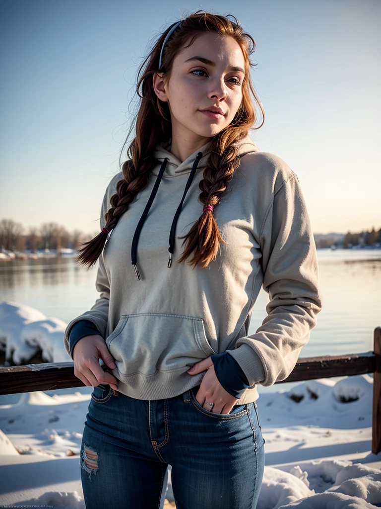 hyperrealism, (photorealistic:1.2), (photorealistic light:1.3), masterpiece, best quality, perfect detail, professional photo, realistic photo, raw photo, realistic style, detailed face, young girl 19 years old, red hair, braids, short gray hoodie  colors, neckline, tight jeans, fur mittens, fur headphones, having fun, fooling around, winter, a lot of snow, clear day